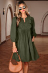 Moss Green Bracelet Sleeve Split Neck Scallop Detail Pleated Corduroy Mini Dress