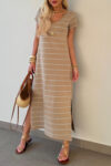 Khaki Stripe Casual Short Sleeve Side Slit Maxi T Shirt Dress