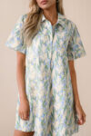 Green Floral Print Shirtcollar Buttoned Short Sleeve Shift Dress