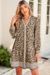 Brown Leopard Print Striped Patchwork 3/4 Sleeve Loose Mini Dress