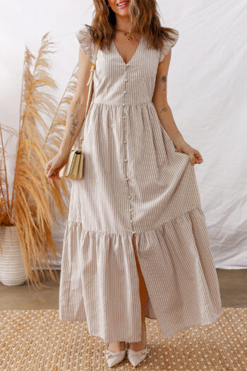 Khaki Stripe Flutter Sleeve Buttoned Front Slit Maxi Dress