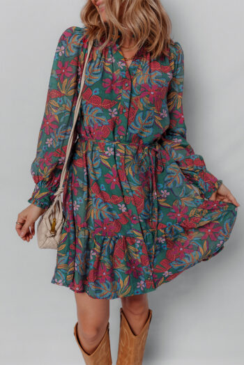 Green Floral Friled V Neck Puff Sleeve Ruffled Shirt Dress