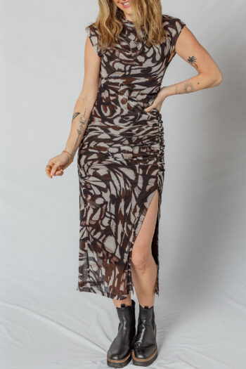 Brown Abstract Print Mesh Cowl Neck Cap Sleeve Ruched Midi Dress with Slit