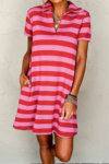 Red Stripe Textured Knit Collared V Neck Shift T Shirt Dress