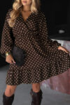 Chicory Coffee Polka Dot Long Sleeve Wrap V Neck Ruffle Hem Mini Dress