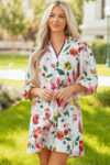 Red Floral Contrast Striped V Neck Puff Half Sleeve Shift Dress