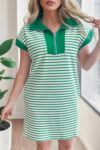 Green Stripe Quarter Zip Polo Collar T Shirt Dress with Pockets