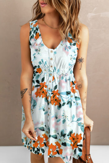 White Gray Floral Printed Sleeveless Button Up High Waist Mini Dress