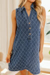 Sail Blue Rhombus Textured Collar Buttoned V Neck Denim Sleeveless Mini Dress