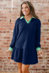 Navy Blue Contrast Striped Cuffs Polo Collar Patchwork Long Sleeve Ruffle Hem Mini Dress