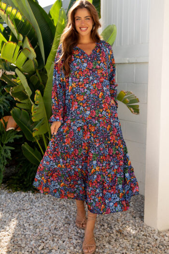 Blue Floral Print Tassel Tie V Neck Long Sleeve Flowy Long Dress