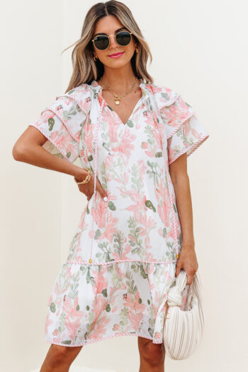 Pink Floral Contrast Edge Layered Short Sleeve Mini Dress