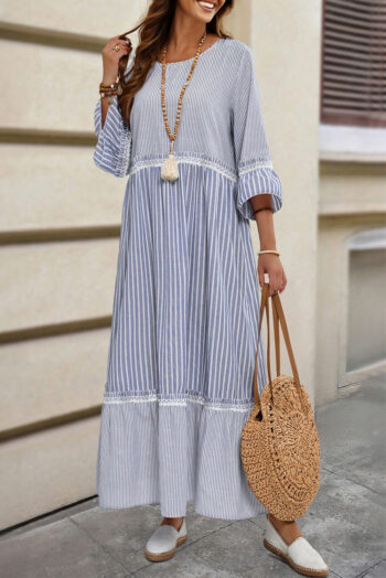 Sky Blue Stripe Patchwork Crossed Lace Detail Bracelet Sleeve Maxi Dress