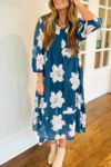 Blue Floral Print Shirt Collar V Neck 3/4 Sleeve Shift Midi Dress