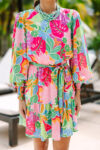 Green Multicolor Botanical Bubble Sleeve Mini Dress