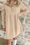 Dearlovers Oatmeal Corduroy Half Button Collared Long Sleeve Mini Dress